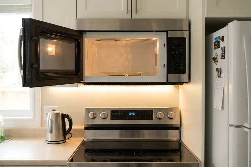 Over-the-range microwave with its door open above an electric stove