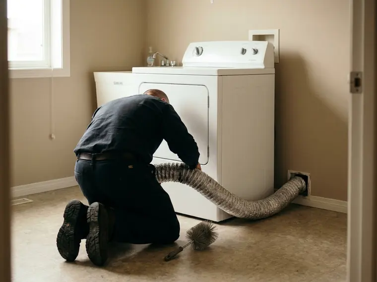 Technician pulling a lint-packed duct free from a dryer vent