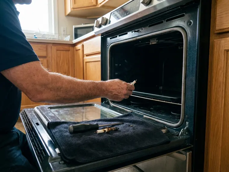 Technician fitting a new igniter inside an open oven